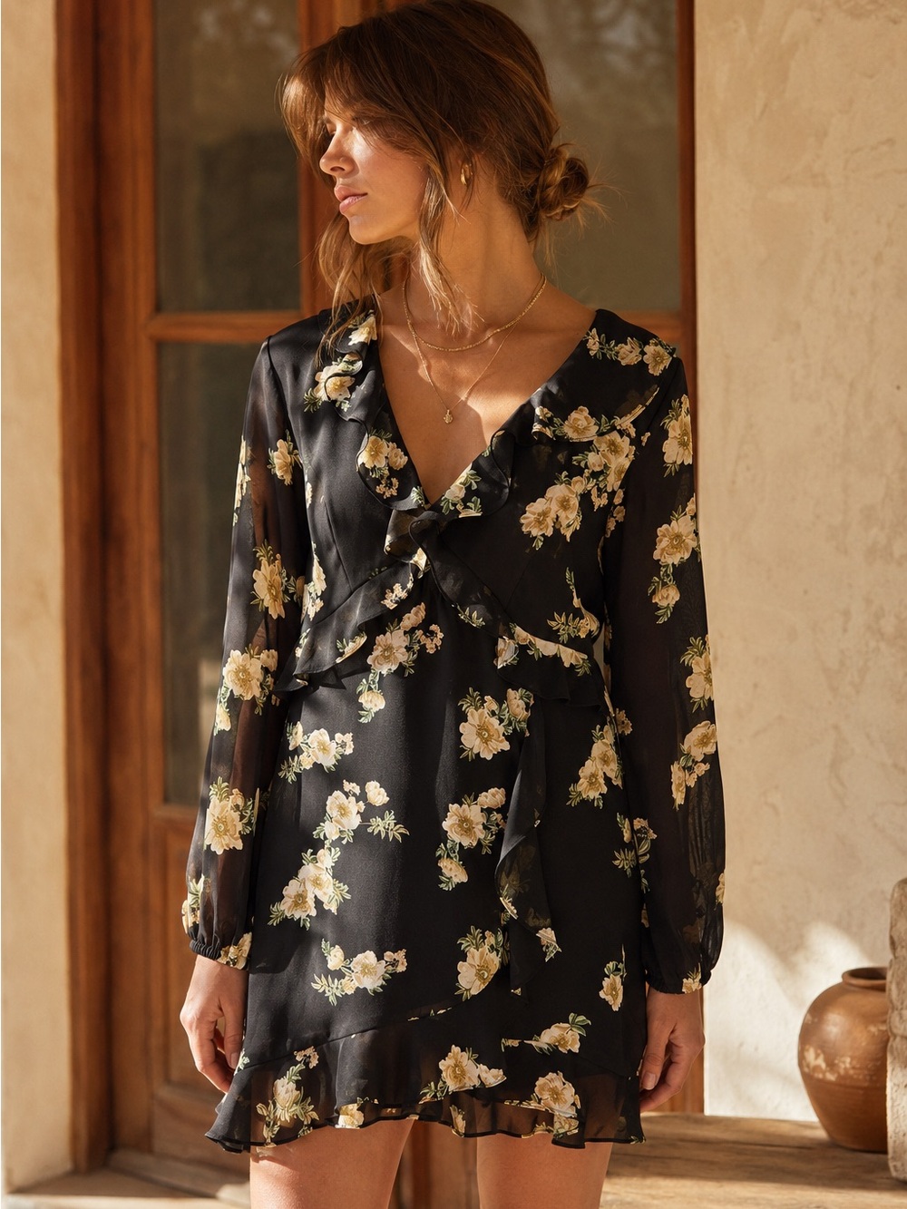 Bardot Floral Ruffle Long Sleeve Mini Dress Black Cream US 10 Large - Picture 10 of 10